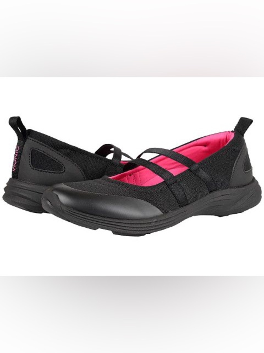 Vionic Opal Black and Pink Mary Jane Flats with Elastic Strap Sz 7
